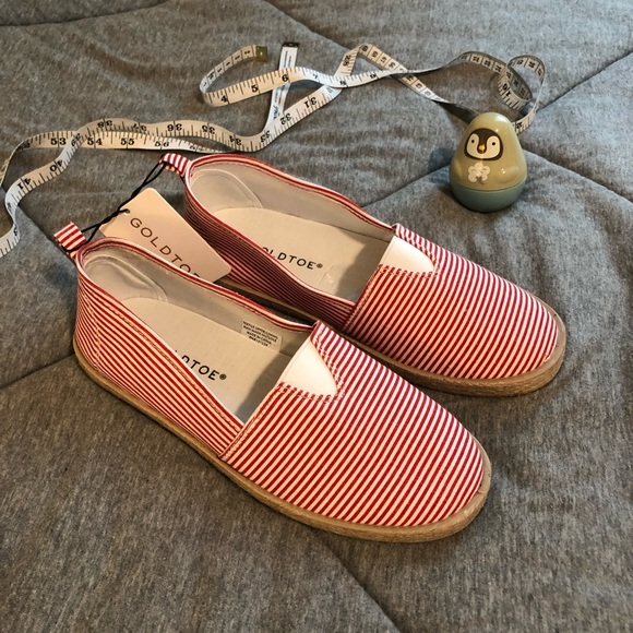 ✨New Gold Toe Red Striped Slip On Espadrille Shoes - Picture 2 of 2